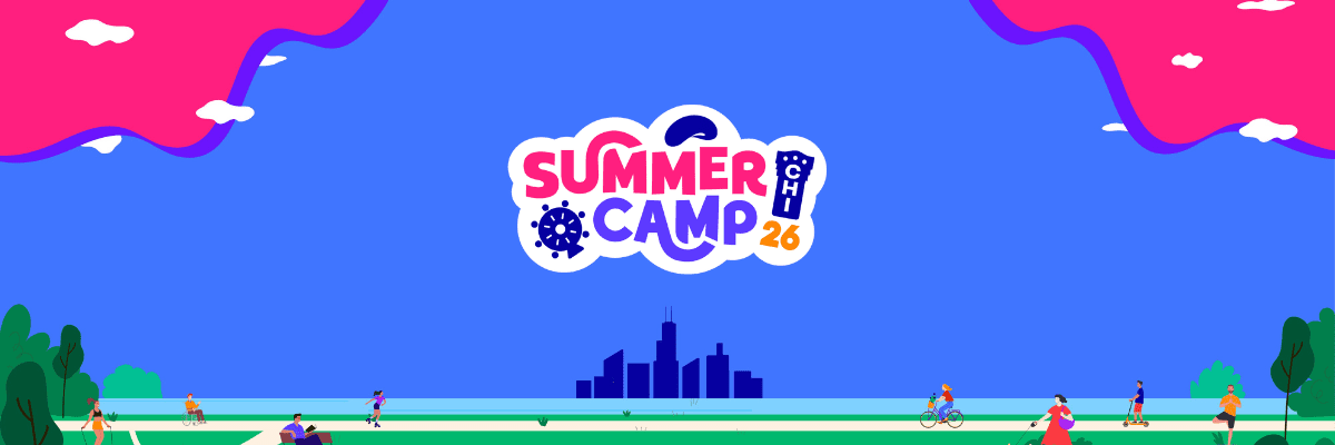 Colorful illustration of people enjoying outdoor activities in a park with "Summer Camp CHI 26" logo in the center and a city skyline in the background.