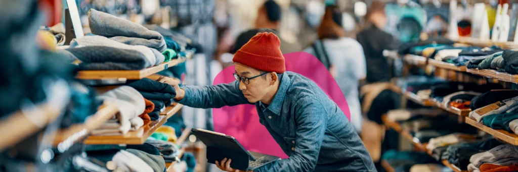 A person wearing glasses and a red beanie sorts through folded clothes on a store shelf while holding a tablet, with other shoppers visible in the background.