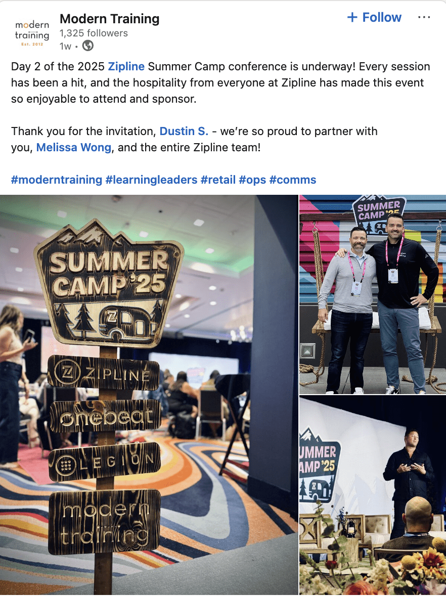 Collage showing a wooden signpost listing sponsors, a modern conference setting, two people posing together, and a speaker on stage at the 2025 Zipline Summer Camp conference.