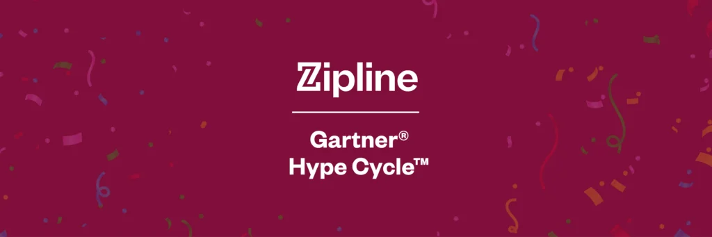 Maroon background with colorful confetti, displaying the Zipline logo and the text "Gartner Hype Cycle.