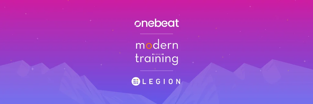 Purple and pink gradient background with stylized mountain outlines and the words "onebeat modern training LEGION" centered in white text.