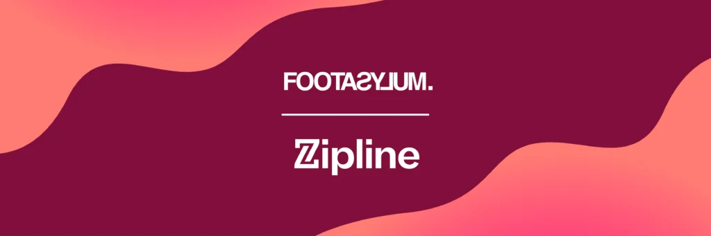 Footasylum and Zipline logos displayed on a maroon and pink abstract wavy background.