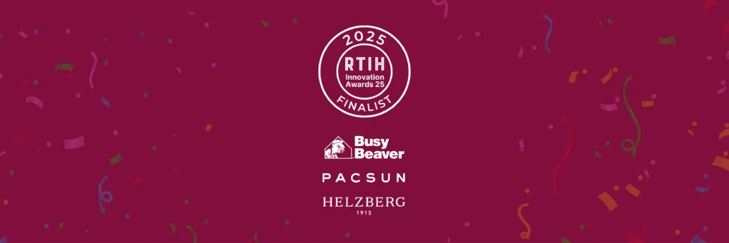 RTIH Innovation Awards 2025 finalist badge above logos for Busy Beaver, PacSun, and Helzberg Diamonds on a maroon confetti background.