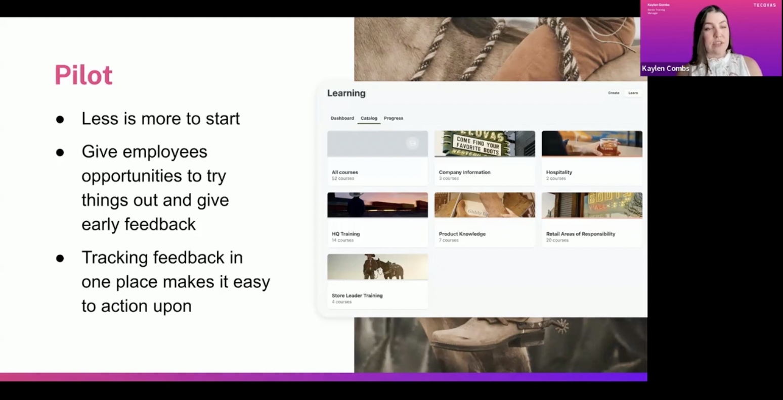 A presentation slide titled "Pilot" lists key points and shows a screenshot of an online learning platform; a woman speaks on a video call in the corner.