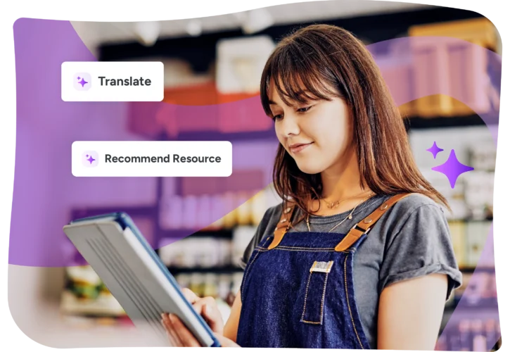 A woman in a denim apron uses a tablet, with floating buttons labeled "Translate" and "Recommend Resource" beside her.