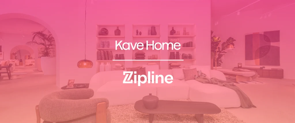 Modern living room with contemporary furniture, shelf decor, and warm lighting, overlaid with "Kave Home" and "Zipline" logos in white text.