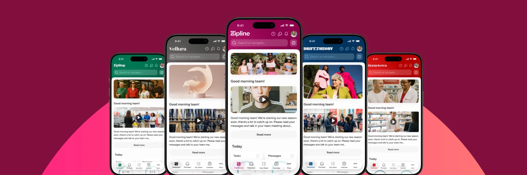 Five smartphones display different user interfaces of a workplace communication app, each with varied branding, colors, and team updates on a pink gradient background.