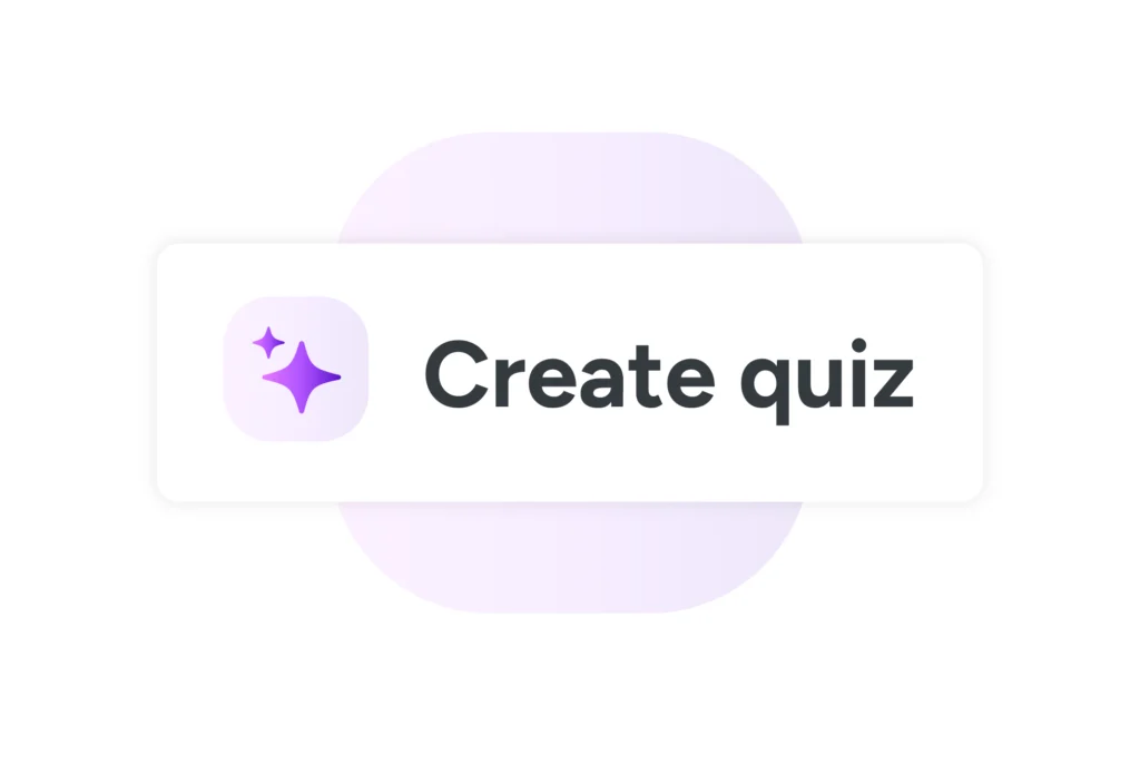 A button with a purple star icon and the text “Create quiz” on a white background with a faint purple shape behind it.
