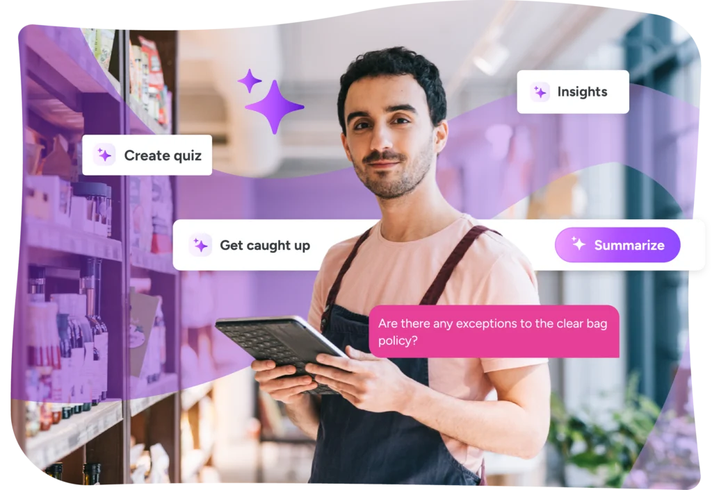 A person in an apron holds a tablet in a store aisle with digital interface elements, including buttons labeled "Create quiz," "Summarize," and "Insights.