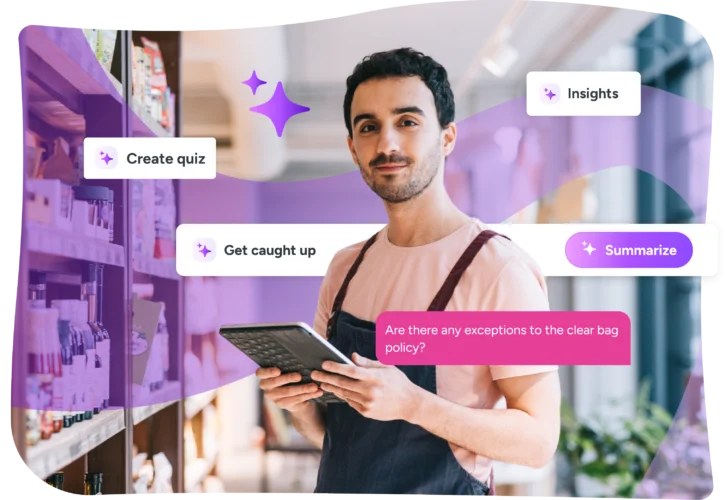 A person in an apron holds a tablet in a store aisle with digital interface elements, including buttons labeled "Create quiz," "Summarize," and "Insights.