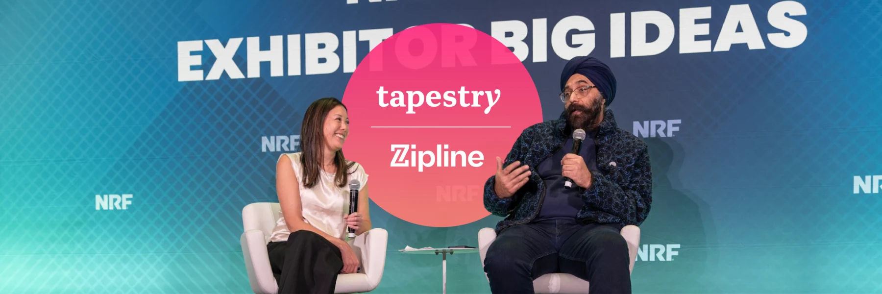Two people speak on stage at the NRF event in front of a screen reading "Exhibitor Big Ideas," with a Tapestry and Zipline logo in the center.