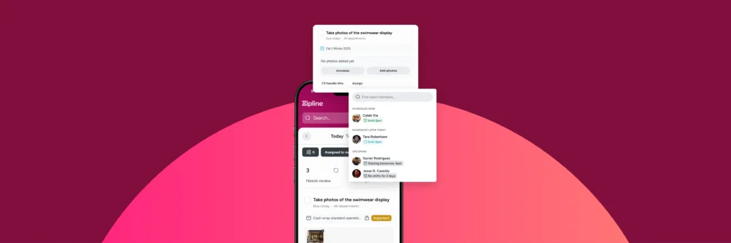 A smartphone screen displays a productivity app interface with task lists, tabs for "Explore" and "Today," and a dropdown menu for choosing team members.