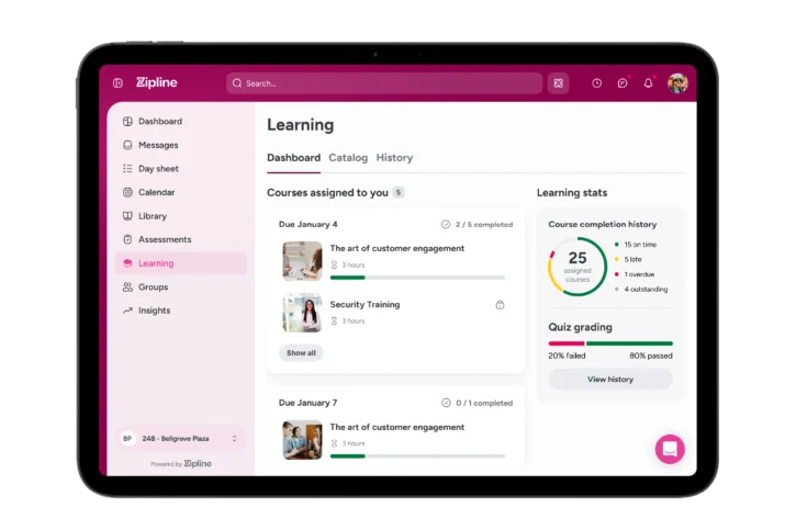 A tablet screen displays a learning management dashboard with assigned courses, due dates, progress stats, and a course completion history chart.