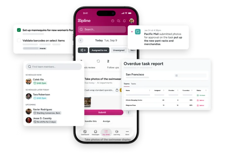 A mobile app interface displays task management features, including a schedule, task list, overdue report, and recent activity notifications.