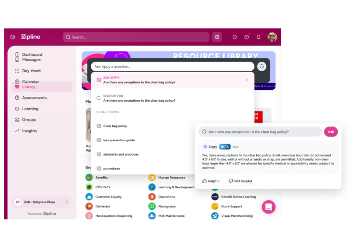 A computer screen displays a search for "clear bag policy" in a digital library interface, showing related articles and a detailed answer about bag size exceptions.