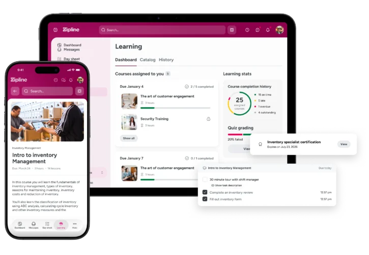 A mobile phone and tablet display an online learning platform with courses, progress tracking, and certification information visible on the screens.