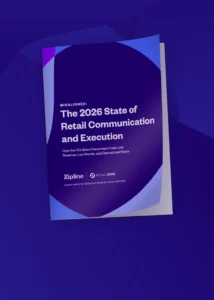 A booklet titled "The 2026 State of Retail Communication and Execution" by Zipline and Retail Dive is shown on a blue background.