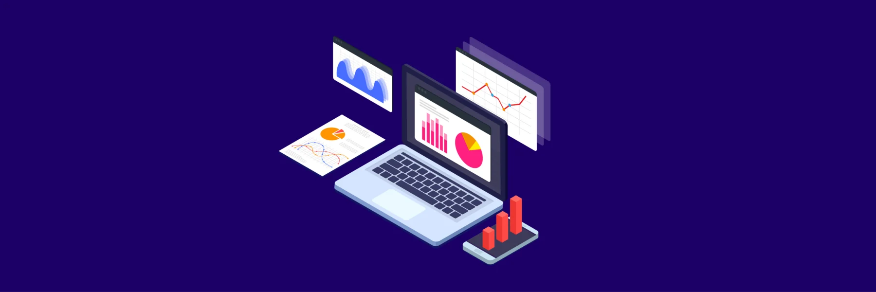 Isometric illustration of a laptop displaying graphs and charts, surrounded by floating analytical reports, bar graphs, and data visualizations on a dark blue background.