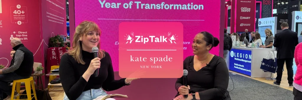 Two women have a conversation on stage at a conference, with a large screen behind them displaying "ZipTalk kate spade NEW YORK Year of Transformation.