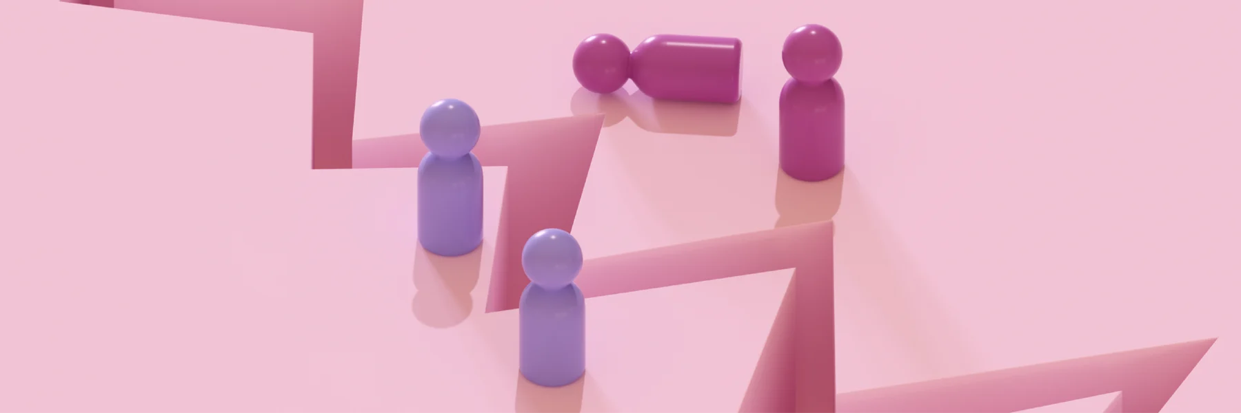 Four colored game pieces stand and lie on a pink, zigzagging surface with sharp edges and shadows.