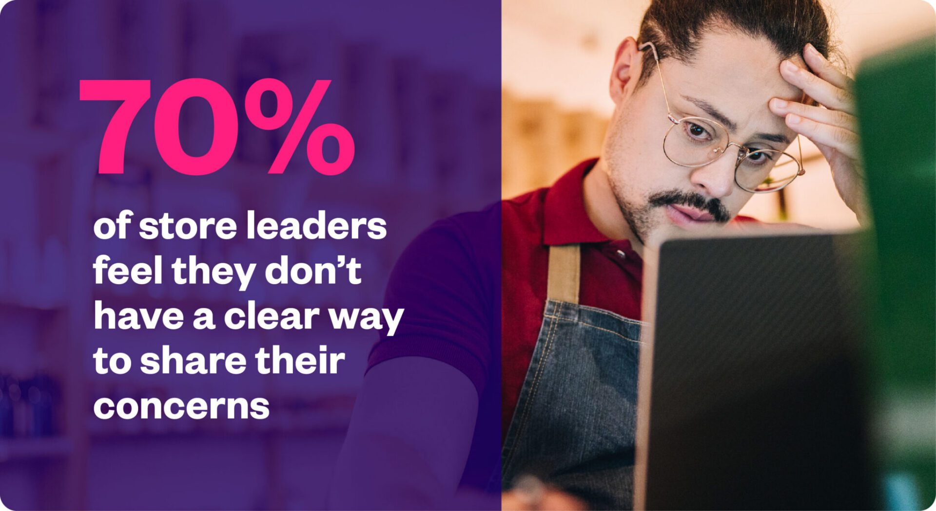 A man in an apron looks concerned while using a laptop; text states 70% of store leaders feel they don’t have a clear way to share their concerns.