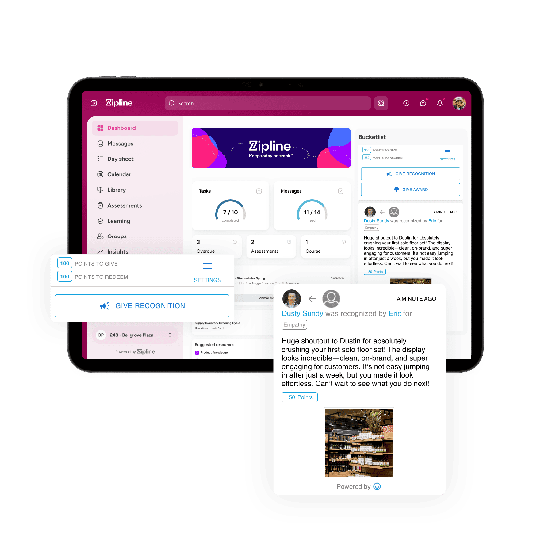Zipline Partners with Bucketlist Rewards to Bring Recognition Into the Flow of Frontline Work 1 A tablet screen displays an employee recognition dashboard with a navigation menu, point totals, recent activity, and a recognition message for a team member.