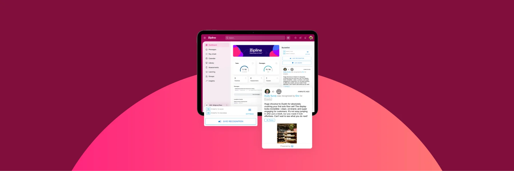 A tablet displaying a dashboard interface with analytics, posts, and an image, set against a gradient pink and red background.
