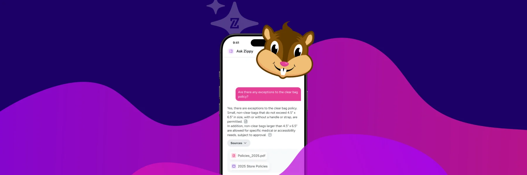 A cartoon chipmunk peeks over a smartphone displaying a chat interface on a purple abstract background with a "Zzz" sleep icon above.