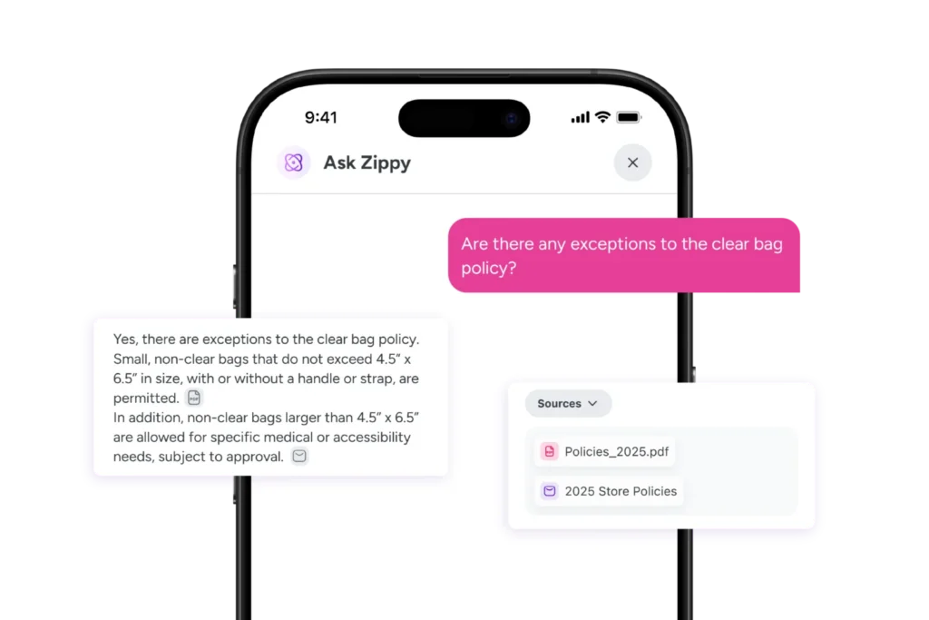 Zippy in Action: Four Real-World Use Cases for Zipline's Frontline AI Assistant 2 A smartphone screen shows a chat about exceptions to a clear bag policy, with responses, sources, and document links displayed.