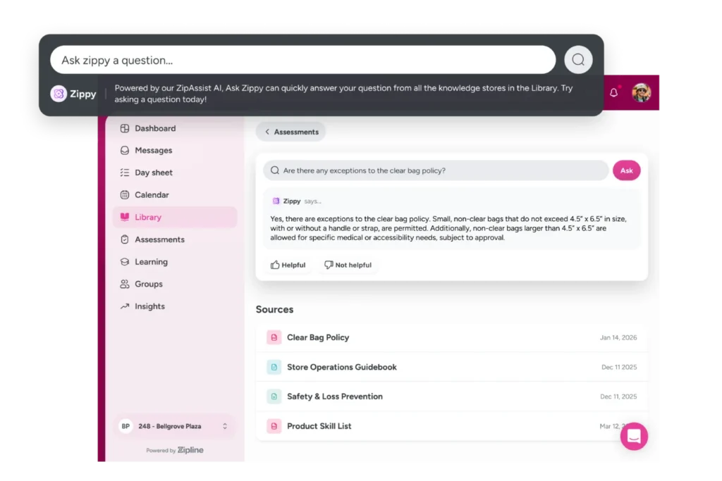 Zippy in Action: Four Real-World Use Cases for Zipline's Frontline AI Assistant 1 A software dashboard displays a search bar, navigation menu, question about clear bag policy, answer, helpfulness options, and a list of related sources.