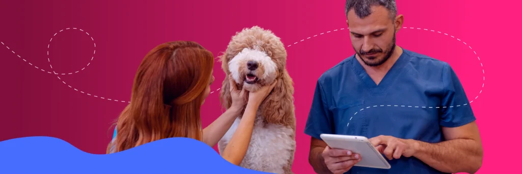 A woman holds a dog while a man in blue scrubs looks at a tablet, set against a pink background with a blue wave design.