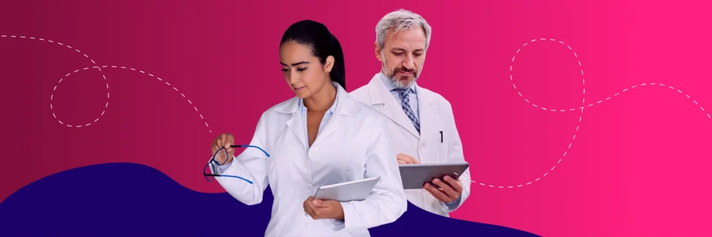Two doctors in white lab coats stand against a pink and purple background; one holds a tablet and glasses, the other uses a tablet.