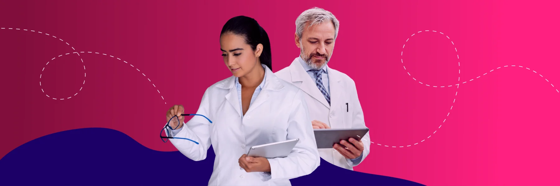 Two doctors in white lab coats stand against a pink and purple background; one holds a tablet and glasses, the other uses a tablet.