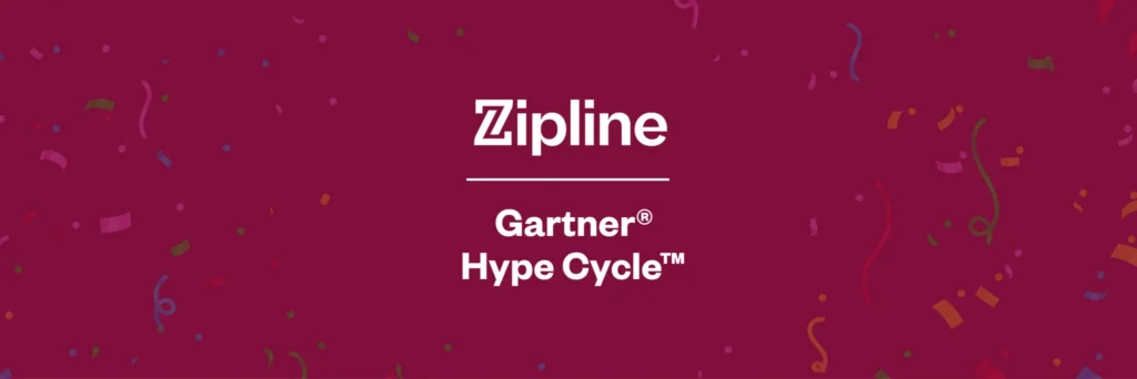 Zipline logo above the text “Gartner Hype Cycle” on a maroon background with scattered confetti.