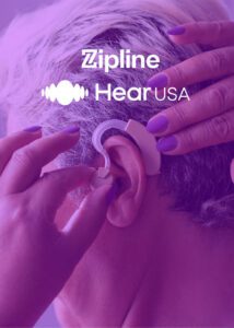 A person with short hair fits a hearing aid behind their ear. The image includes the Zipline HearUSA logo and is tinted purple.