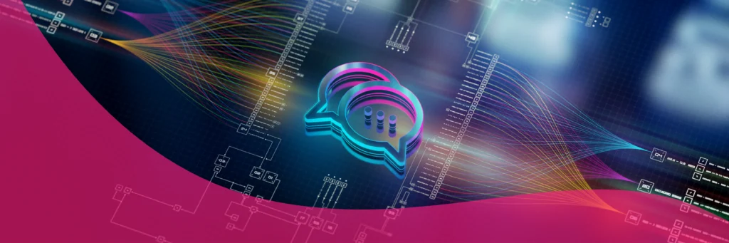 3D chat bubble icon overlaid on a digital background with circuit diagrams and colorful data lines, with a pink wave design at the bottom.