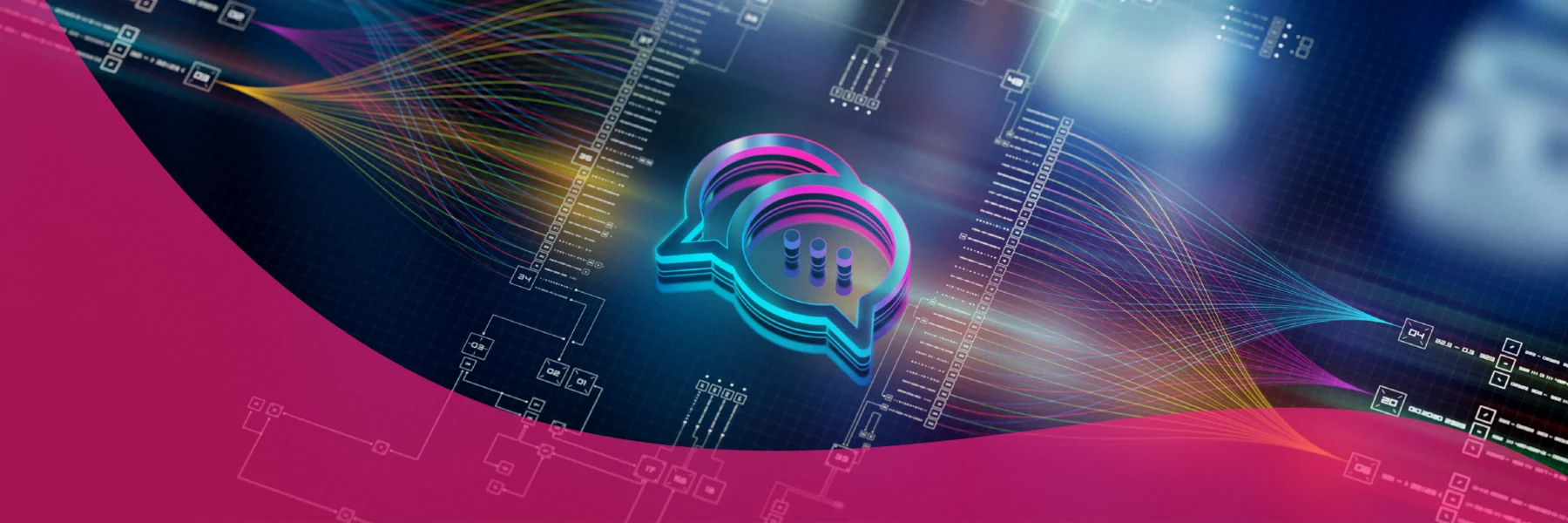 3D chat bubble icon overlaid on a digital background with circuit diagrams and colorful data lines, with a pink wave design at the bottom.