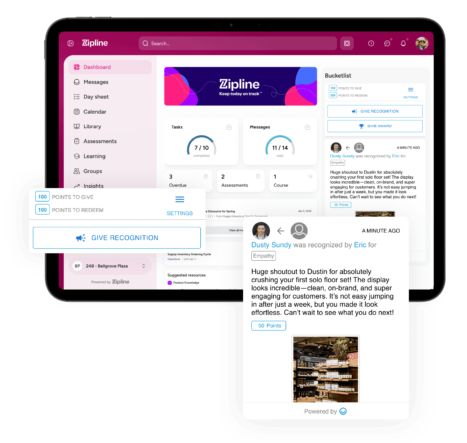 7 Ways to Include Recognition in Your Frontline Workflows 1 A tablet shows an employee recognition platform dashboard with performance scores, a bucket list, and a popup highlighting a recognition message and reward points given to a user.
