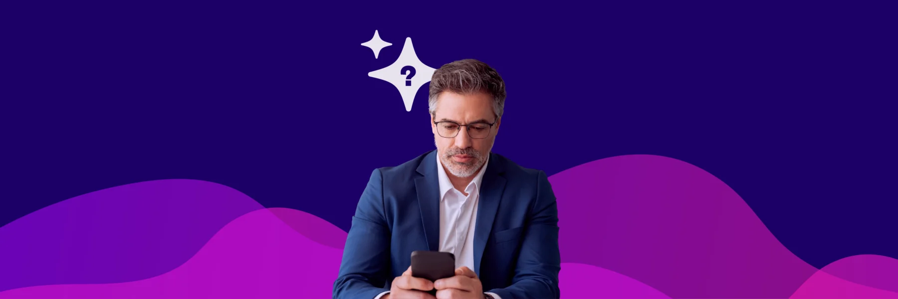 A man in a suit looking at his smartphone with a question mark icon floating above his head.
