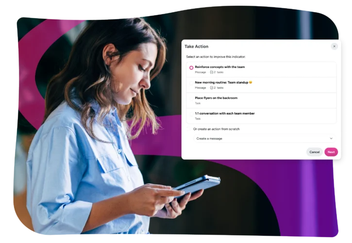 A woman looking at her phone, with a digital “Take Action” menu overlay listing various team-related tasks and communication options.