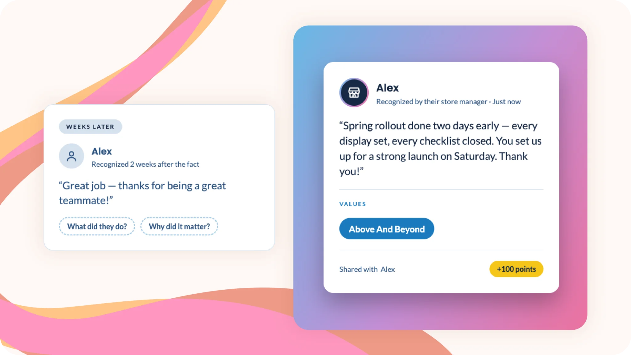 How to Use Recognition to Close the HQ to Frontline Execution and Feedback Gap 2 Two digital employee recognition cards for Alex, one showing a brief thank you and the other detailing a store manager’s specific praise, assigned the value “Above And Beyond” and 100 points.